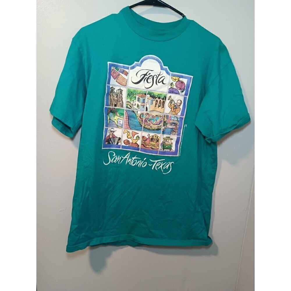 Vintage San Antonio 1997 Fiesta Celebration T-Shirt Adult Turquoise Size Large